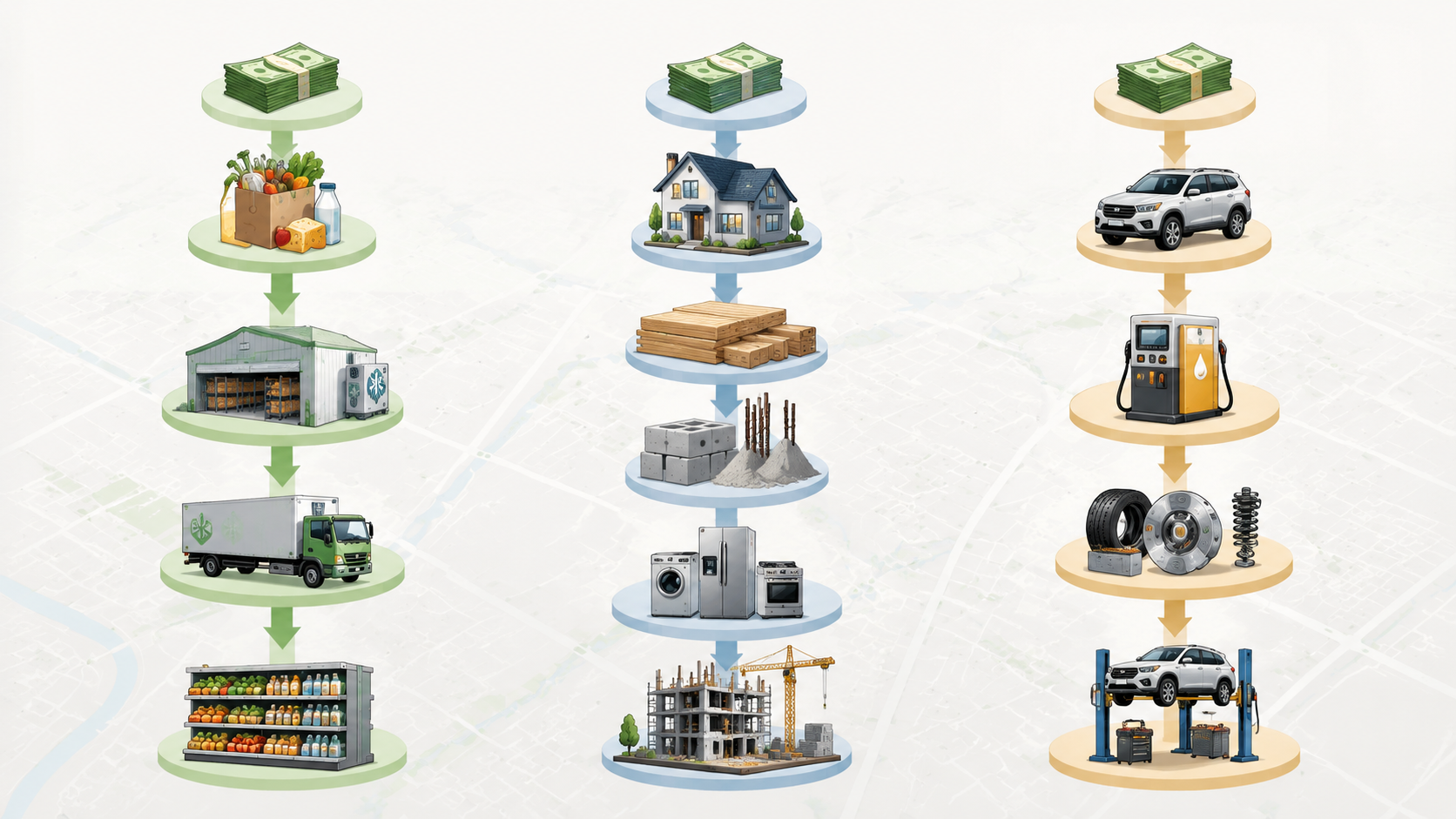 Cash flows through food, housing, and vehicle supply chain columns