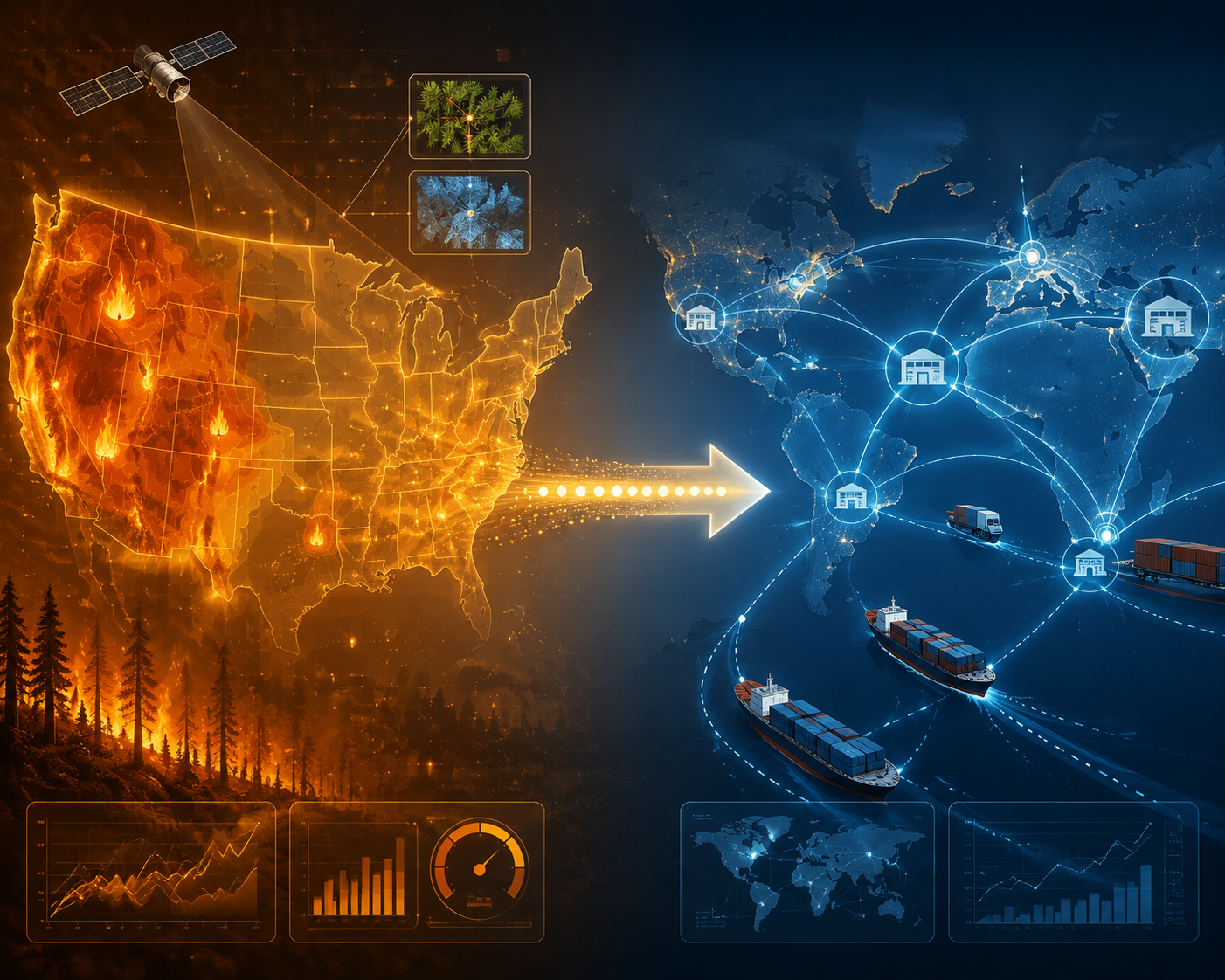 Digital U.S. wildfire risk map connected to a logistics network by a months-ahead forecast timeline