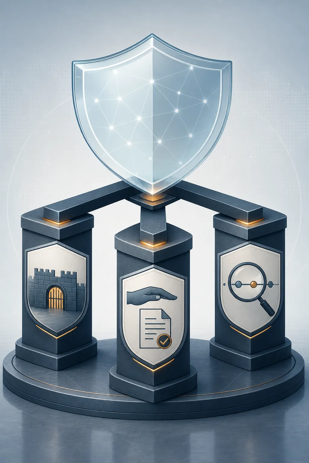 Three governance controls showing authority limits, human approval thresholds, and audit trails