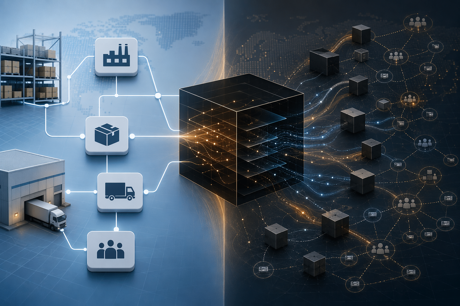 Traditional SaaS procurement contrasted with opaque AI vendor risk across a supply chain network