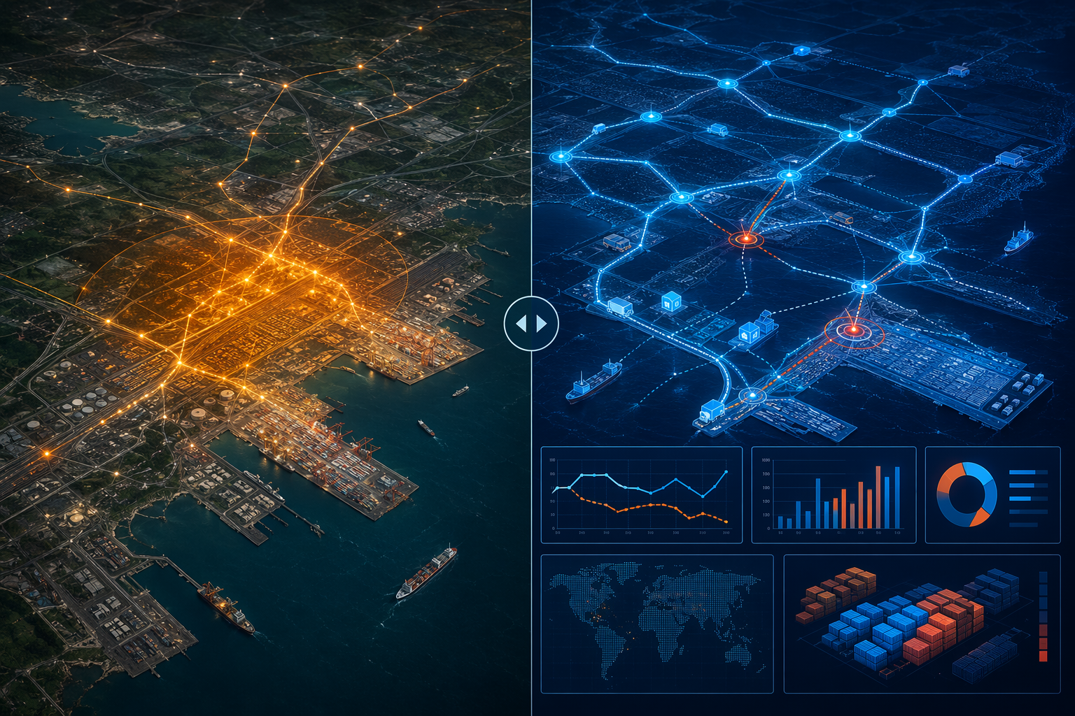 Digital twin simulation of a port disruption with alternate routes and bottleneck indicators