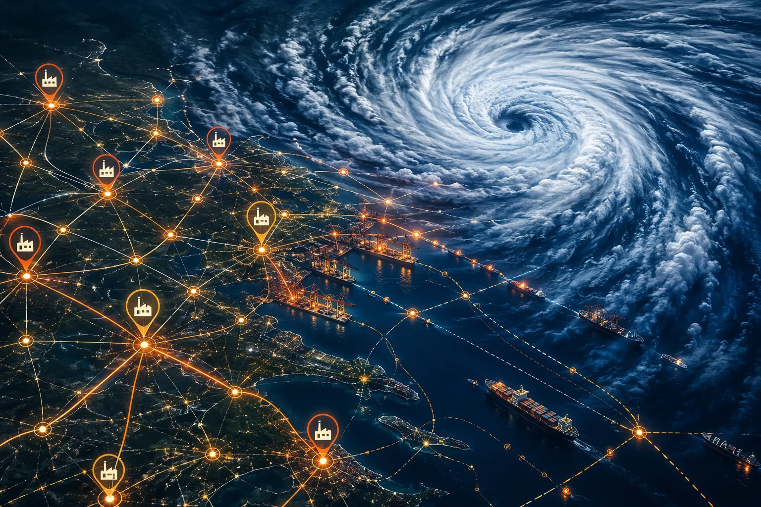 Stylized hurricane approaching a coastal supply chain network with connected ports, warehouses, factories, and shipping routes
