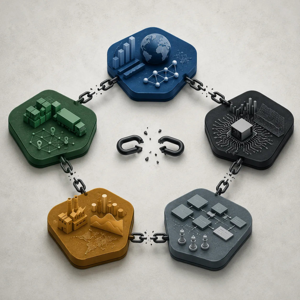 Five abstract platform nodes around a broken chain symbol representing a missing evidence link