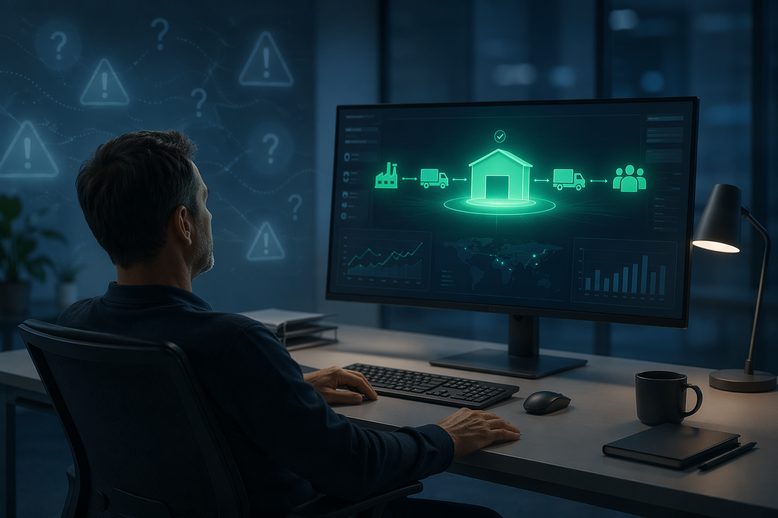 A supply chain planner passively accepting a glowing AI recommendation while warning symbols go unnoticed