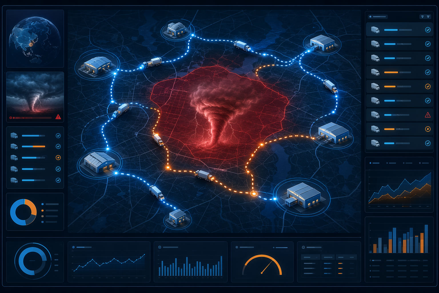 AI control tower logistics network map with a tornado-affected zone and rerouted transportation paths around the hazard area