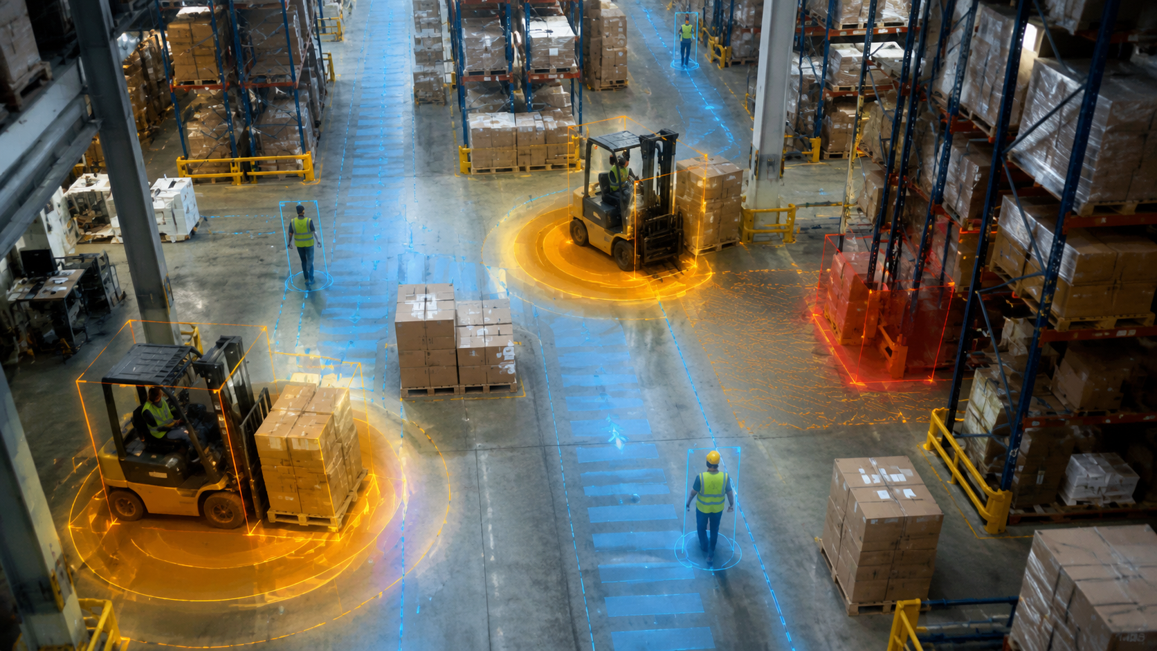 Elevated warehouse view with workers, forklifts, digital detection boxes, and safety zone indicators