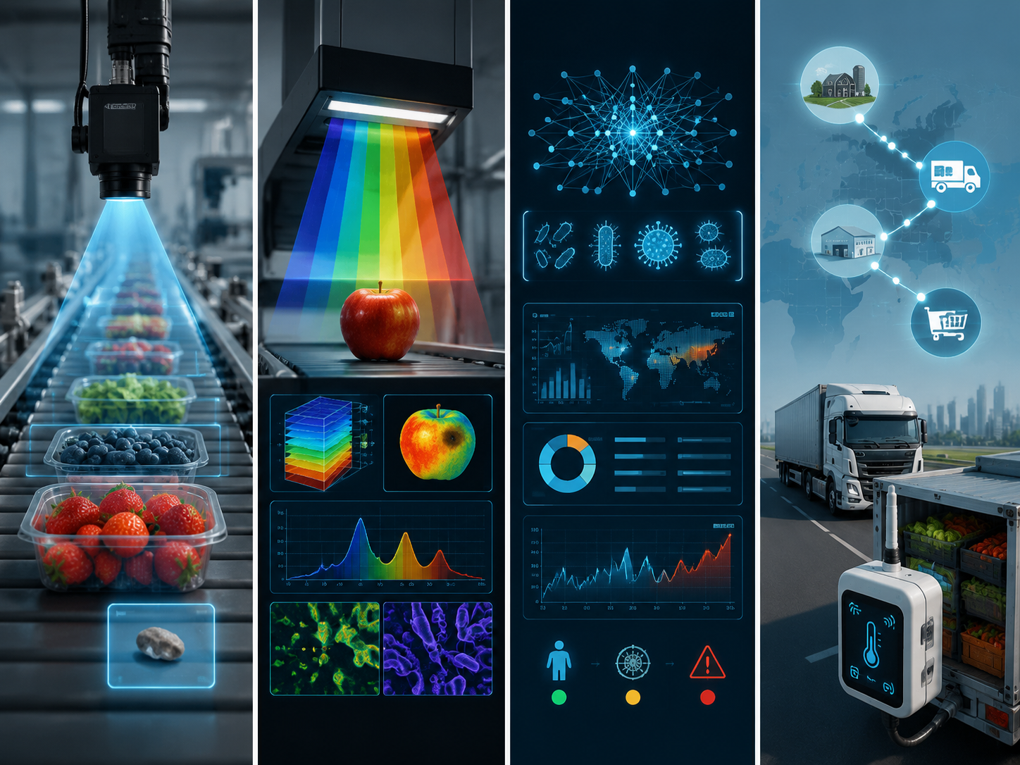 Comparison diagram of four AI sensing technologies for food contamination detection