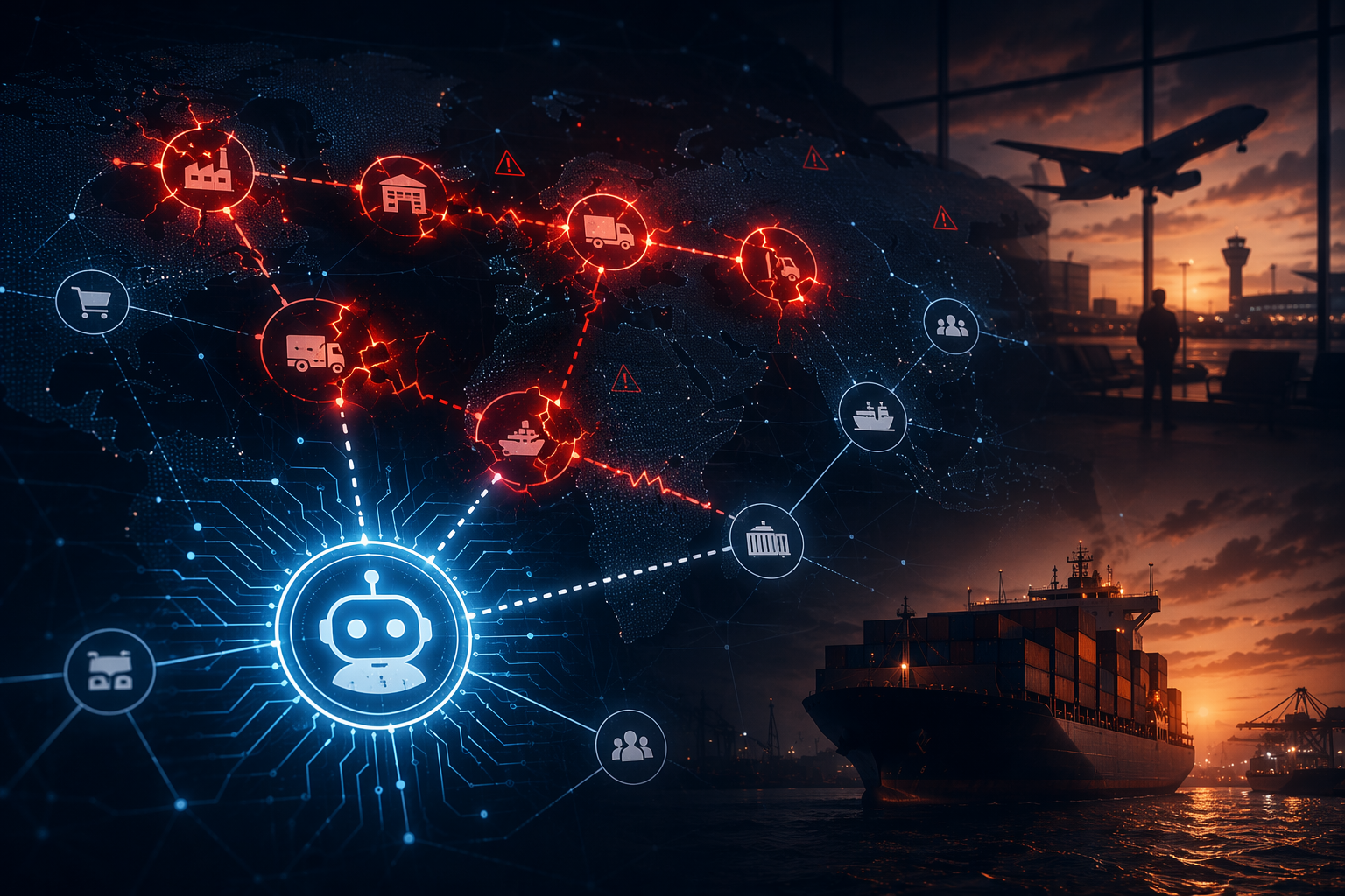 Digital network outage cascading through airport and shipping supply chain nodes while an AI agent detects the disruption