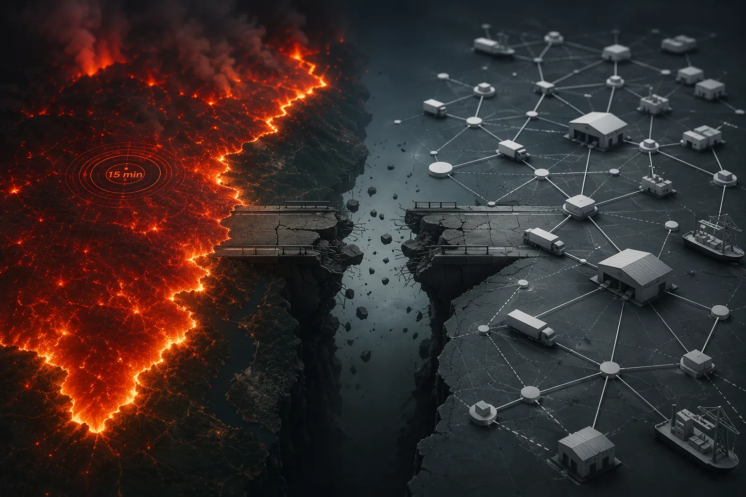 Satellite wildfire perimeter separated from a supply-chain network by a broken handoff