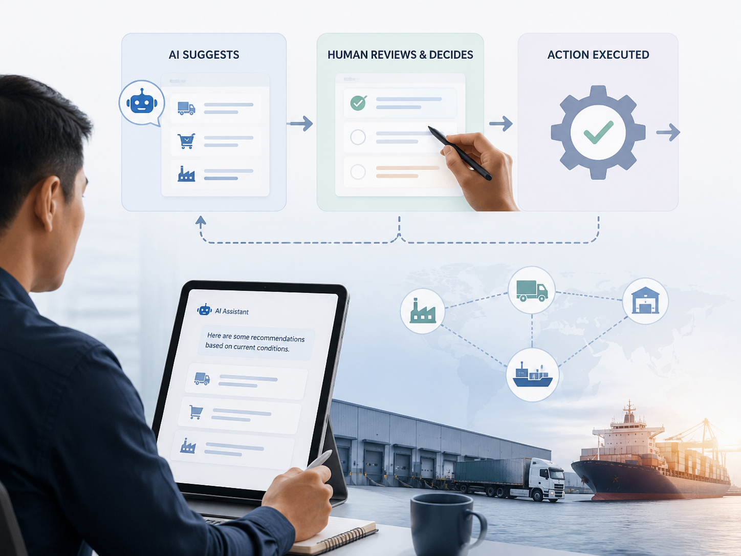 A supply chain professional reviewing AI chatbot suggestions before approving execution in enterprise systems