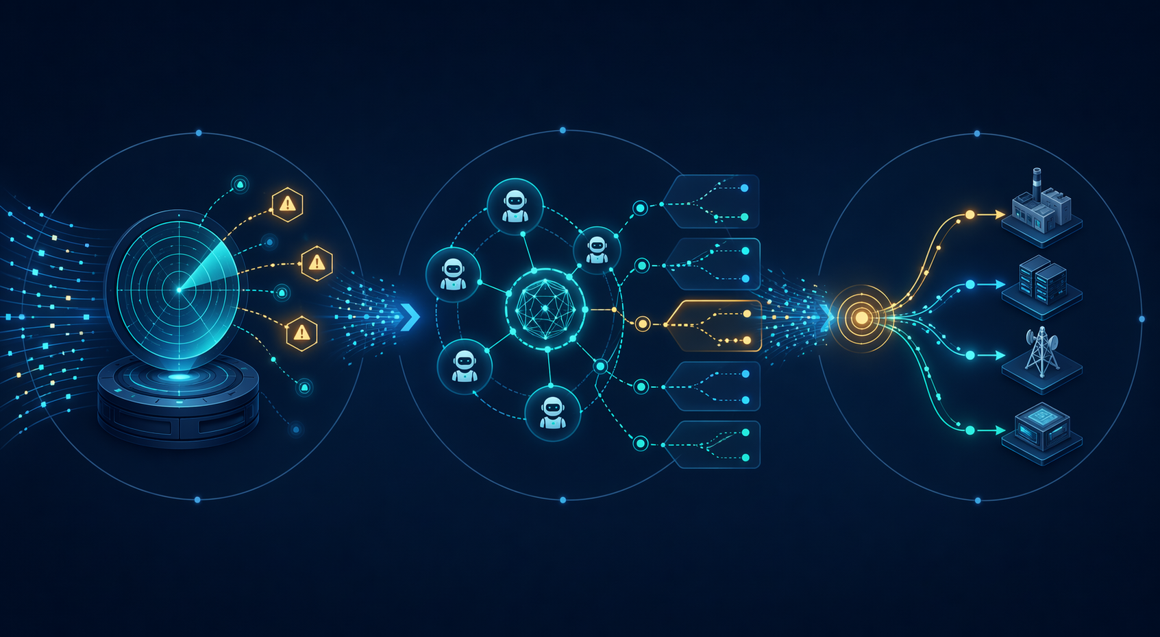Detect decide execute flow showing sensor data, AI decision nodes, and write-back action signals