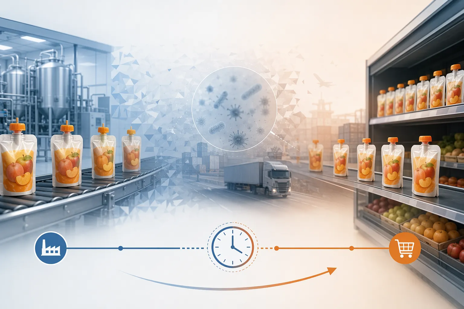 Food supply chain production line with fruit puree pouches, traceability blind spots, and a clock showing recall delay