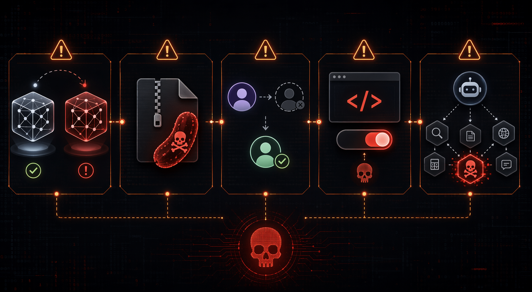Threat map of five AI supply chain attack vectors including typosquatting, pickle exploits, namespace hijacking, remote code execution, and agent skill poisoning