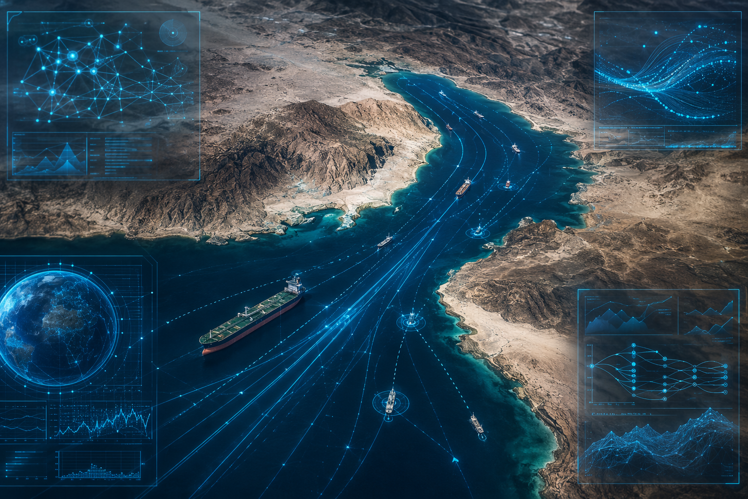 Satellite-style view of the Strait of Hormuz with oil tankers, vessel tracking nodes, route lines, and AI scenario-modeling overlays