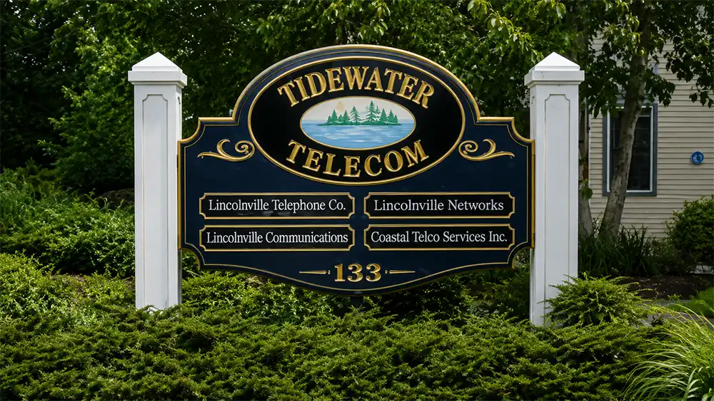 Tidewater Telecom company sign in Nobleboro, Maine