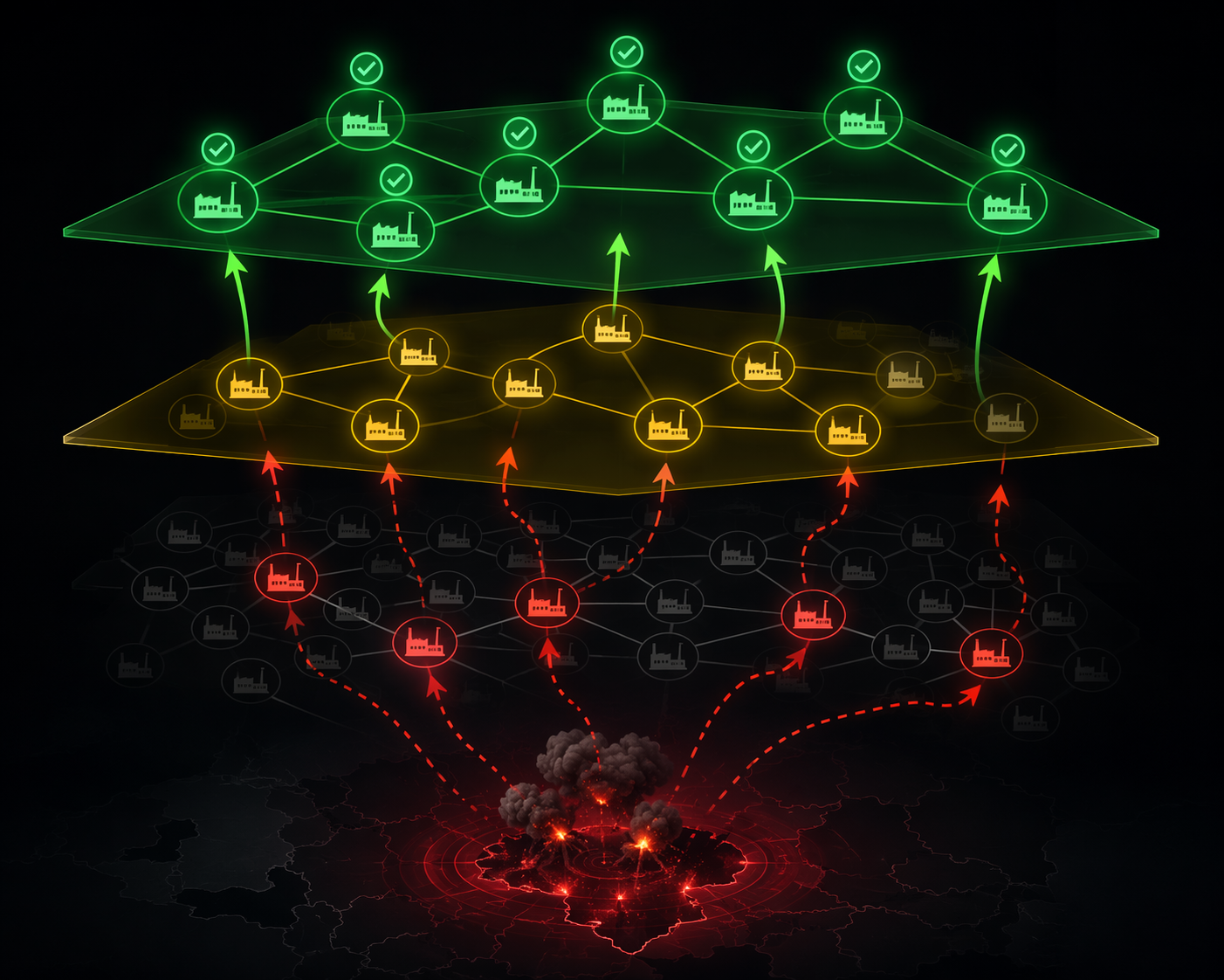 Tiered supplier network showing conflict-zone disruption propagating from hidden tier-3 nodes to visible tier-1 suppliers