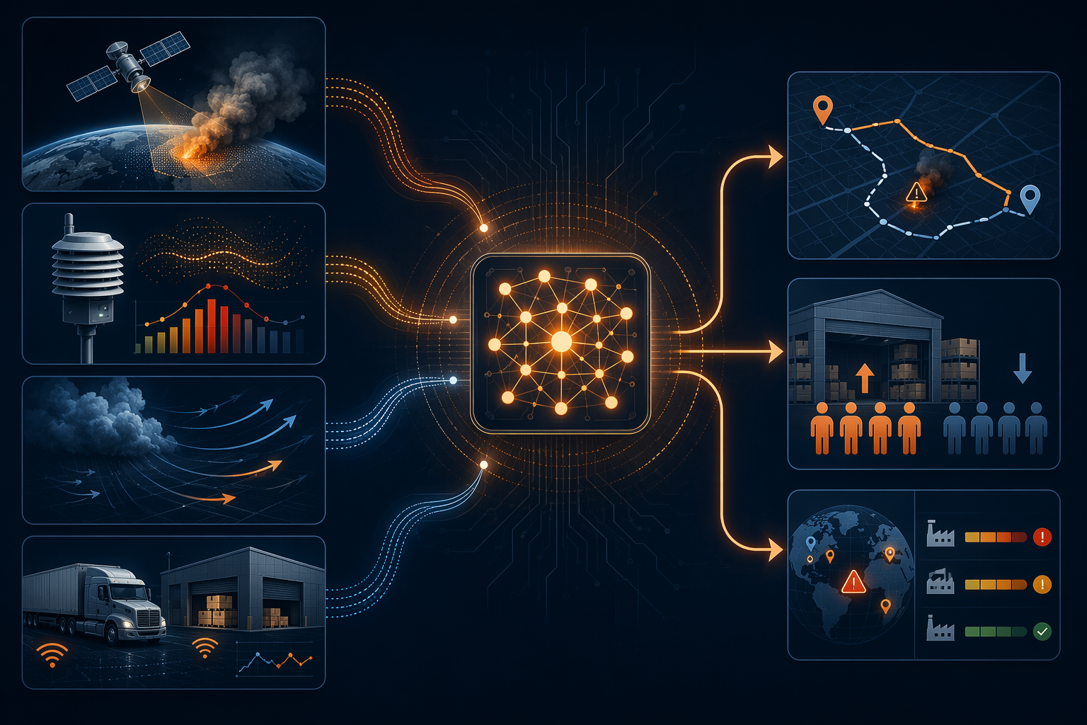 Diagram of satellite, air quality, weather, and logistics data feeding an AI system for route, staffing, and supplier decisions
