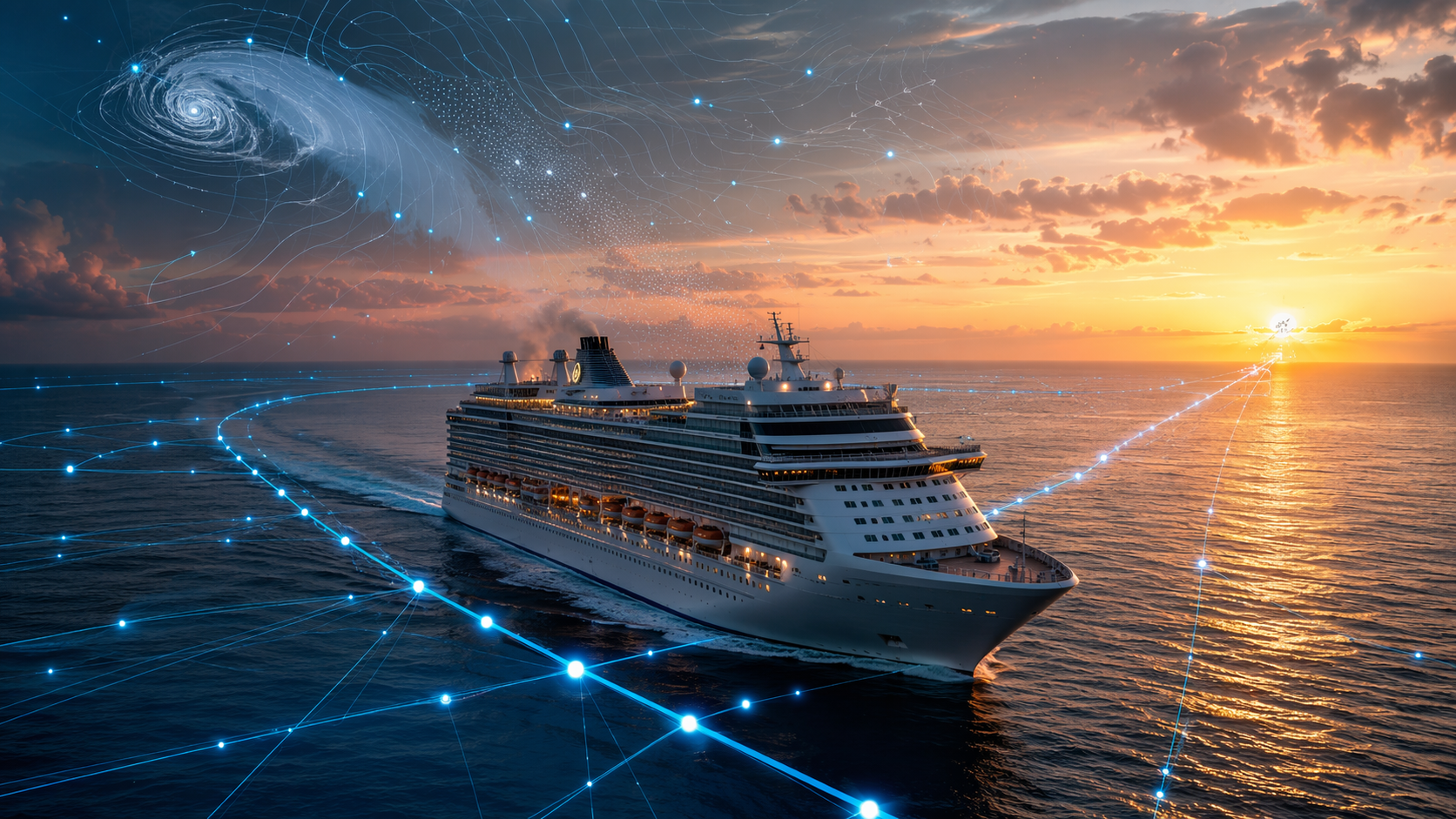 Cruise ship with digital route lines and weather visualizations showing AI-powered route optimization