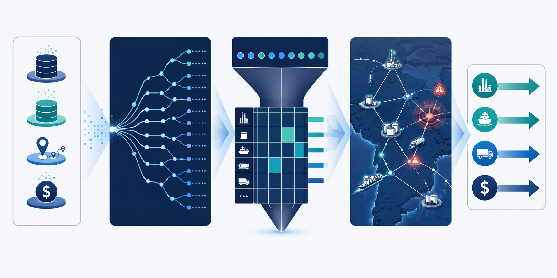 AI scenario planning workflow from data inputs through Monte Carlo simulation, MILP optimization, and digital twin stress testing to downstream response decisions