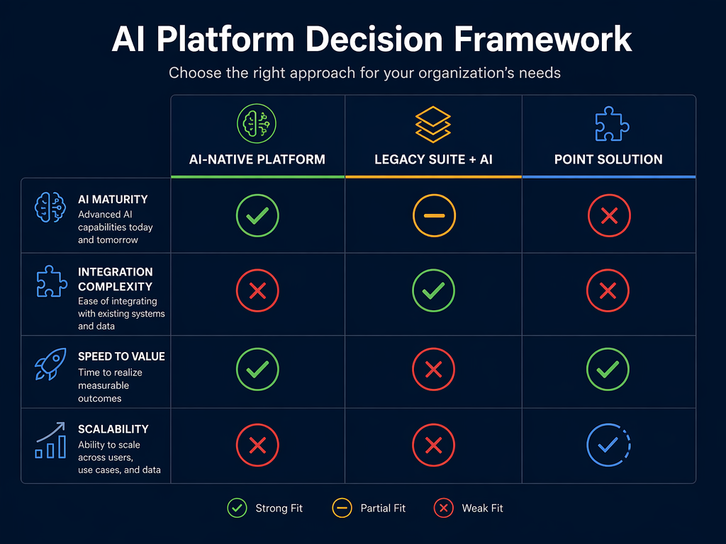 Decision framework infographic with three columns: AI-Native Platform, Legacy Suite + AI, and Point Solution, with green checkmarks and amber icons for criteria including AI maturity, integration complexity, speed to value, and scalability.