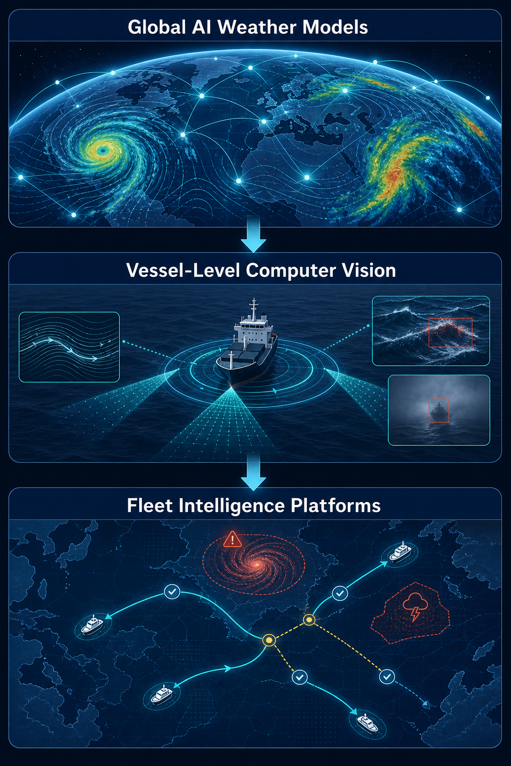 Three-layer workflow showing global AI weather models, vessel-level computer vision, and fleet intelligence platforms