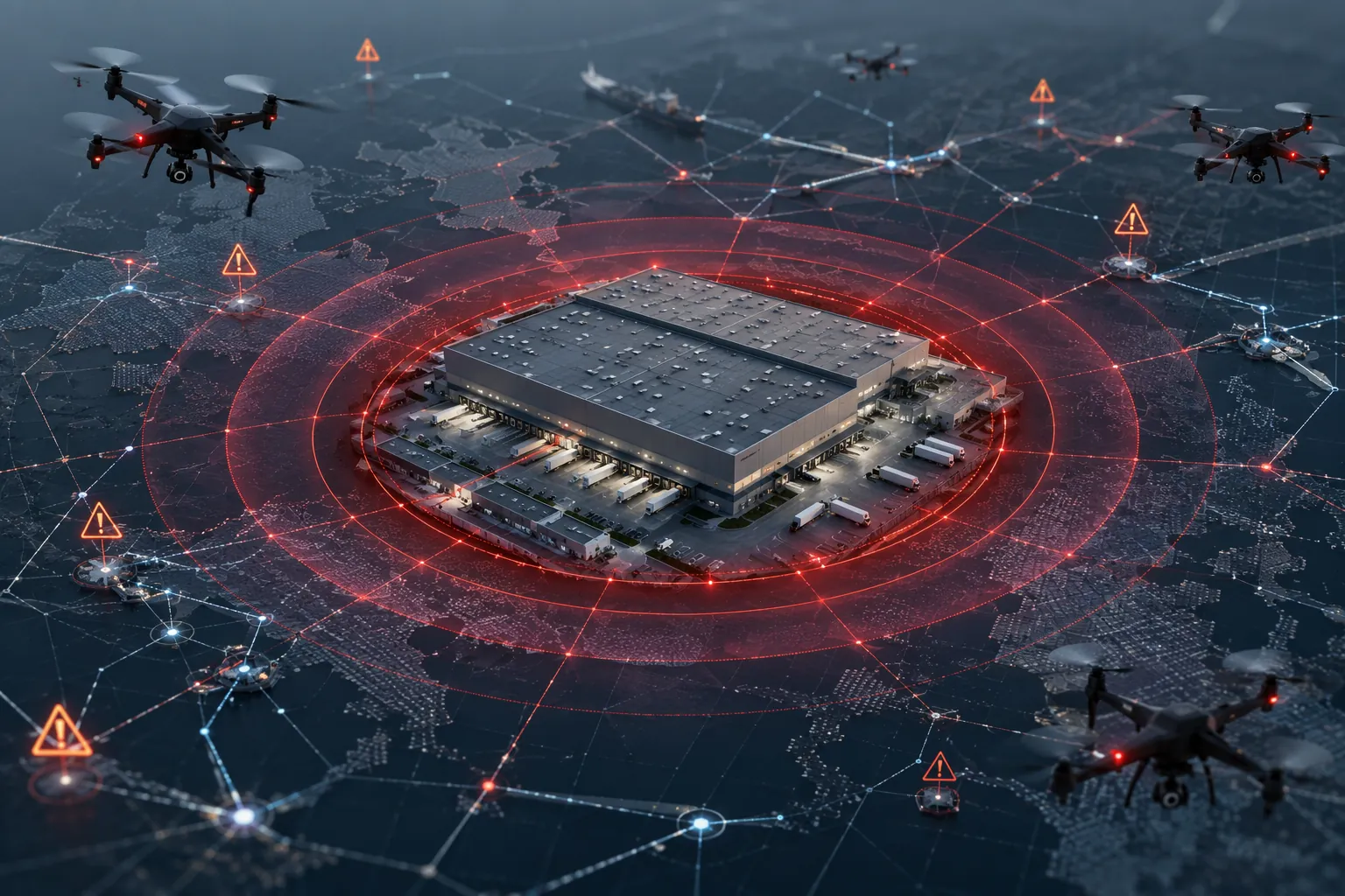 Large warehouse complex shown as a logistics network node with threat indicators and drone silhouettes