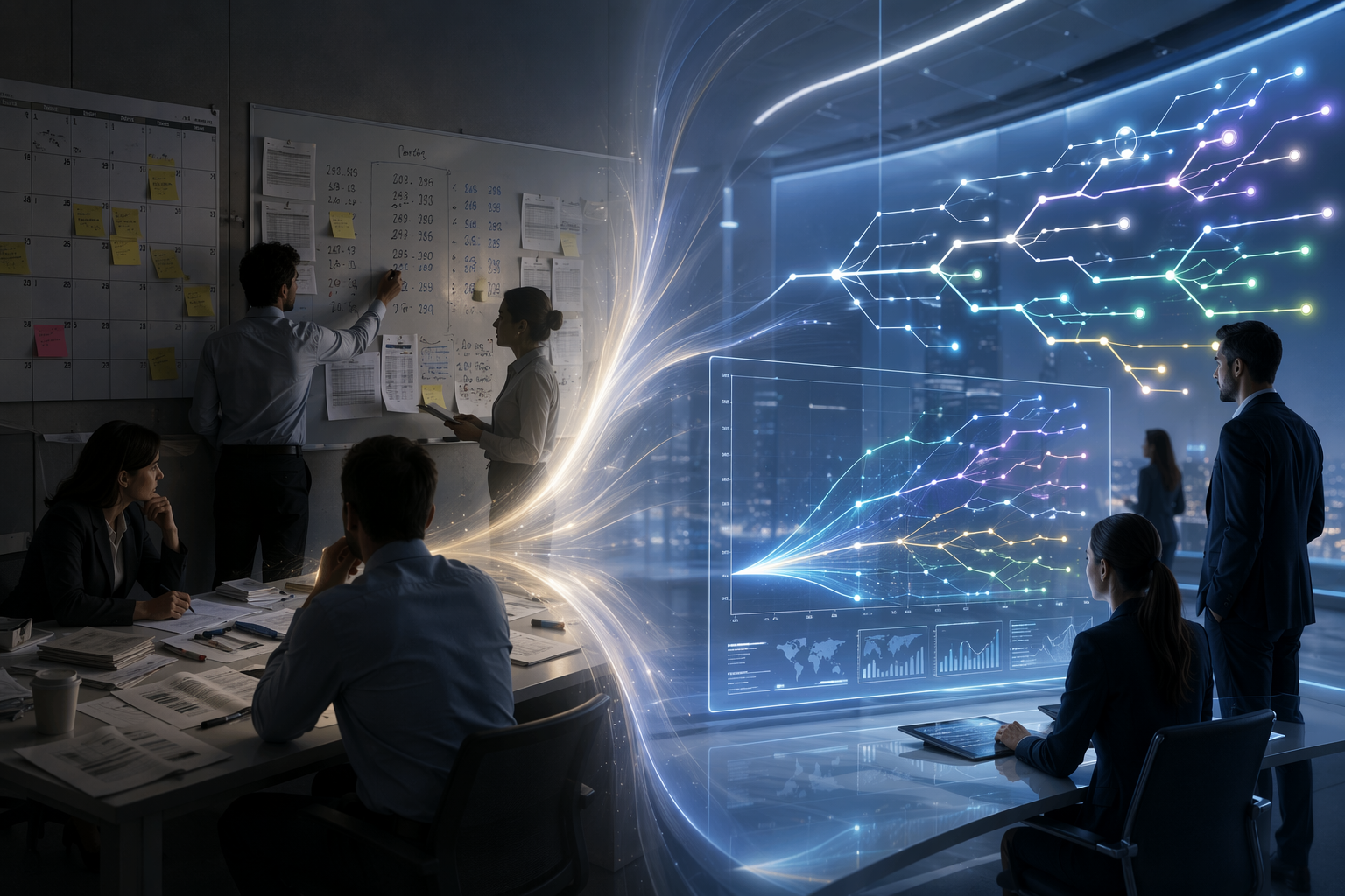 Manual S&OP planning room contrasted with continuous AI-powered scenario planning control room