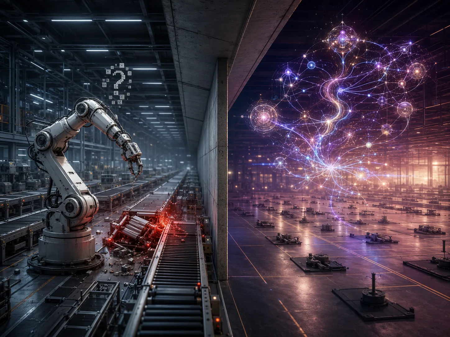 Two supply-chain AI failure scenarios showing a frozen execution robot and a creative intelligence unable to move a stalled factory floor