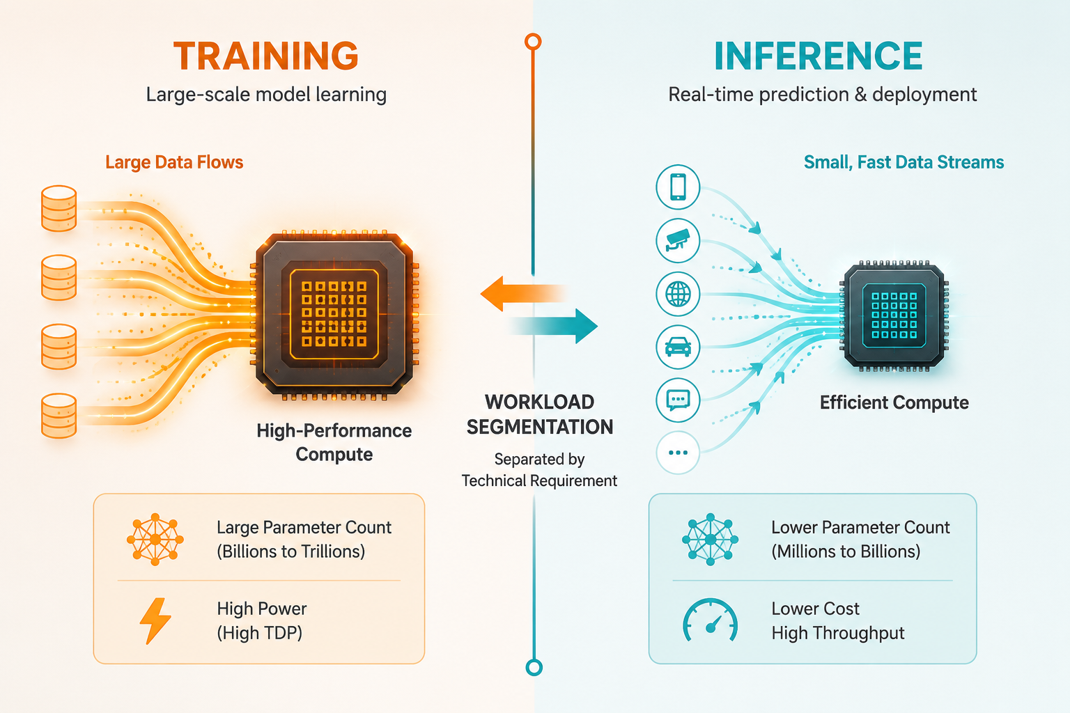 Split diagram contrasting AI training workloads with larger data flows and inference workloads with compact efficient data streams