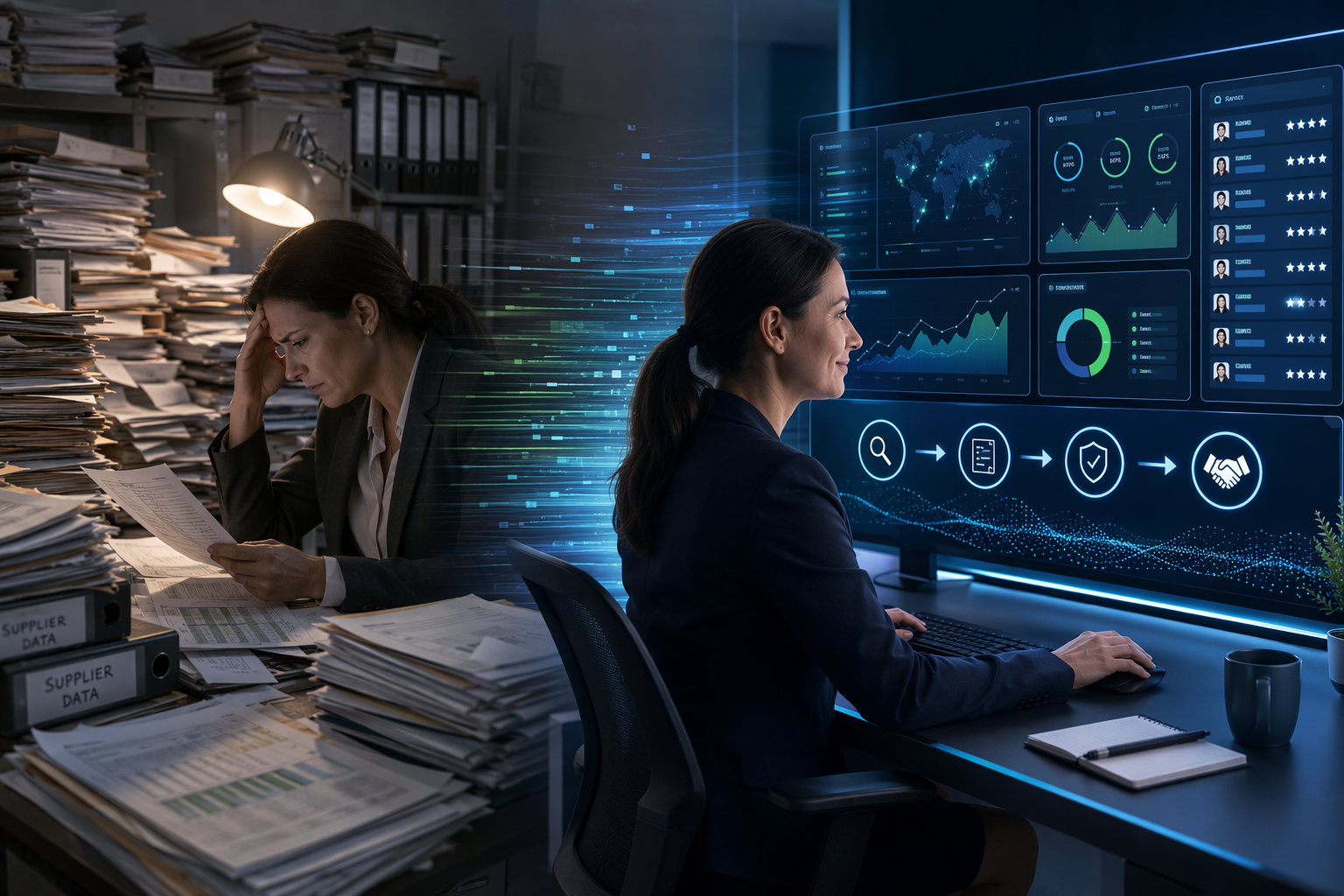 Procurement professional moving from manual supplier files to an AI-powered supplier selection dashboard
