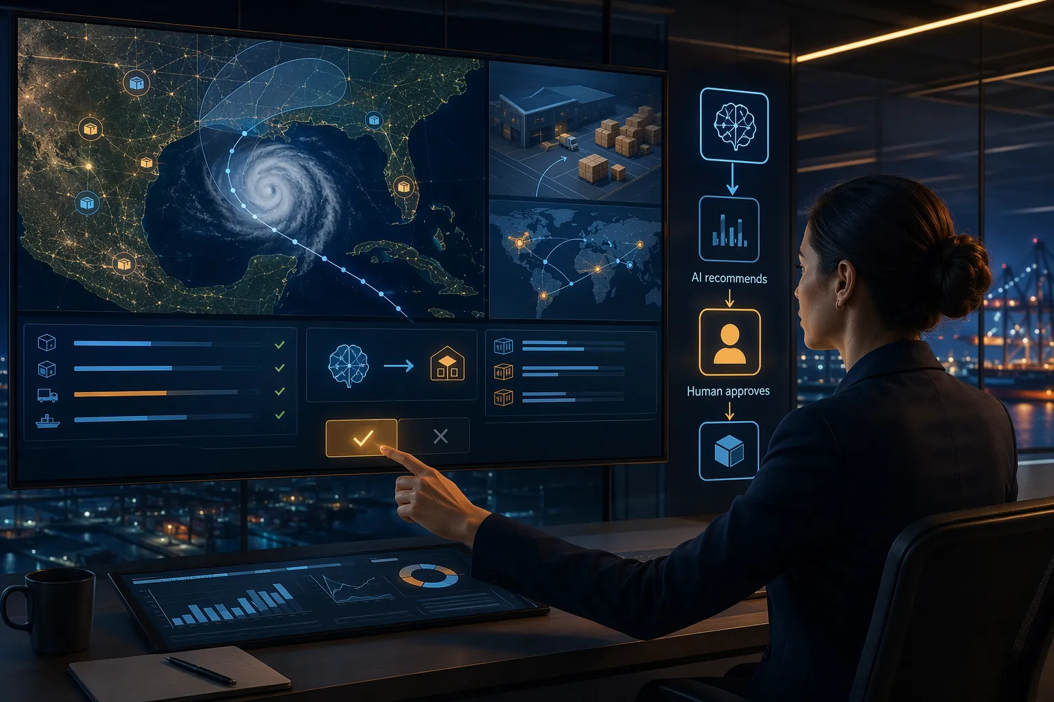 Supply chain planner reviewing an AI hurricane path and inventory prepositioning recommendation with a human approval step