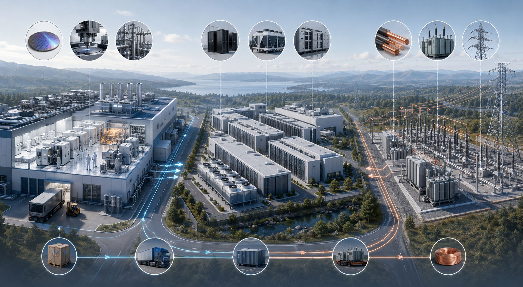 Illustration of AI infrastructure supply chains linking a semiconductor fab, data center campus, and high-voltage grid equipment