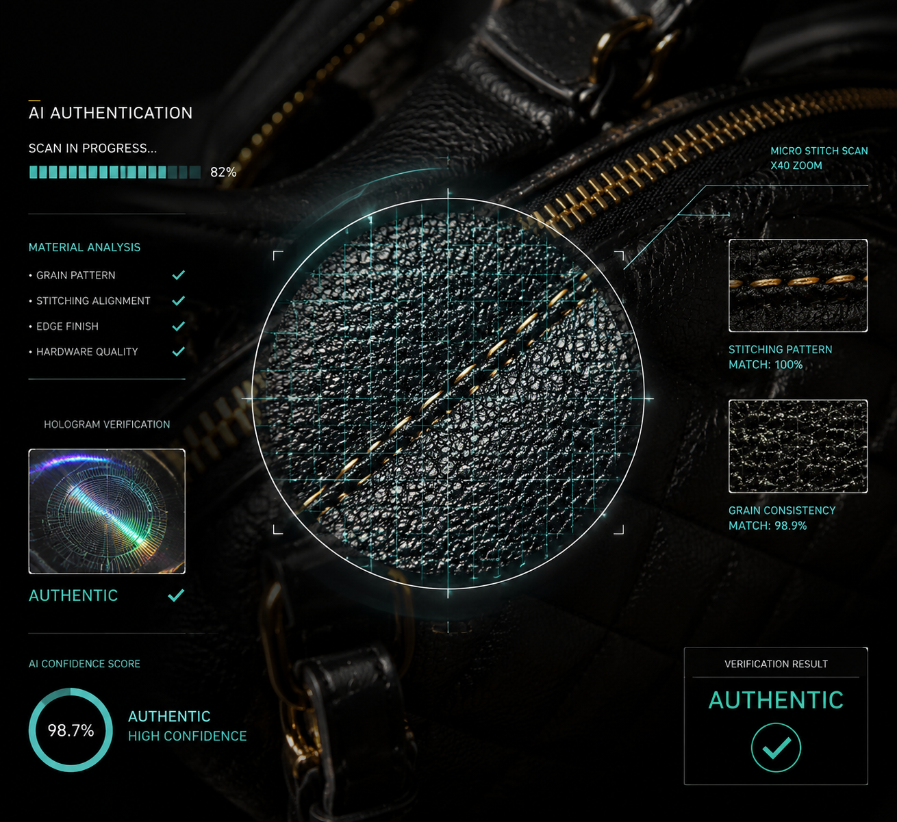 AI-powered counterfeit detection concept scanning the surface of a luxury handbag with digital authenticity markers