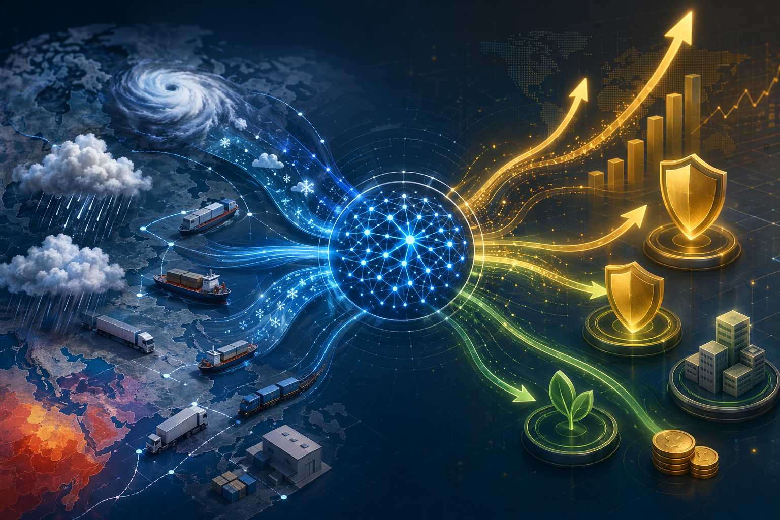 Global supply chain network feeding weather data into an AI node that outputs financial protection indicators