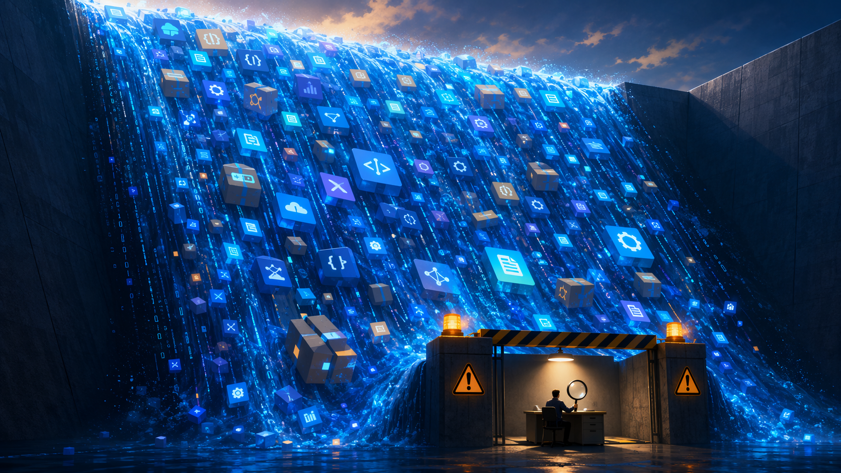 A massive digital waterfall of app icons and code streams overwhelming a small review gate