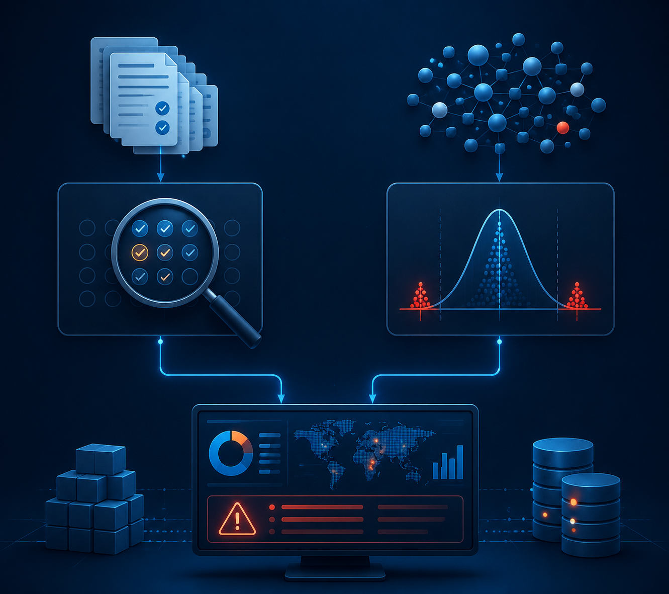 Diagram showing supervised learning and unsupervised anomaly detection converging into an AI fraud monitoring dashboard