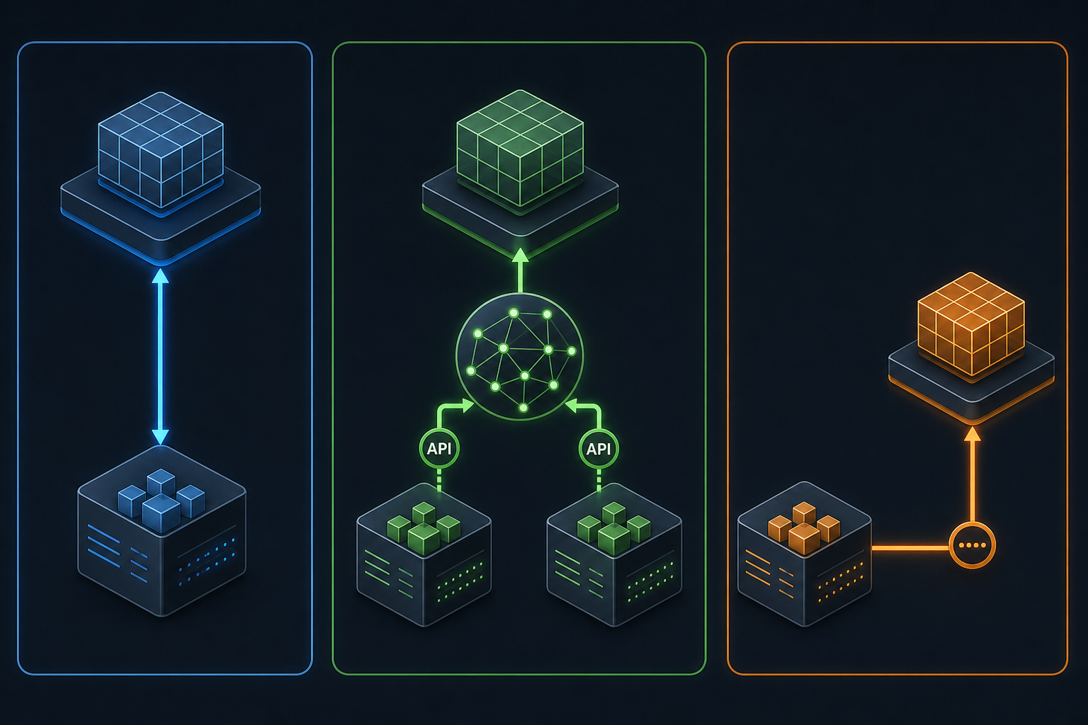 Three ERP integration topology models: native tight coupling for SAP IBP, graph-layer multi-ERP hub for o9, and API-connected bridge for Kinaxis