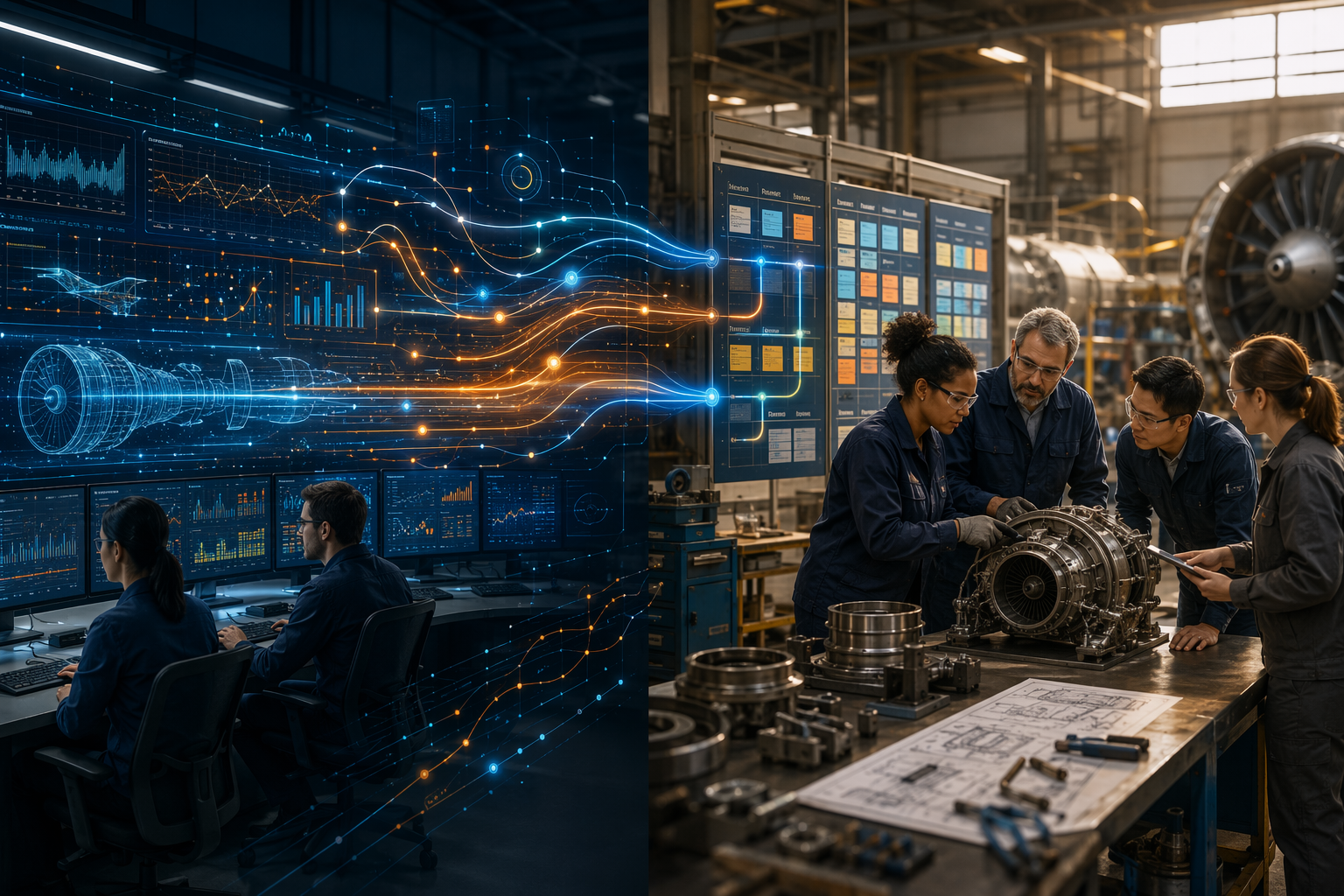 AI data streams connected to a kaizen team examining aircraft engine components at a workbench