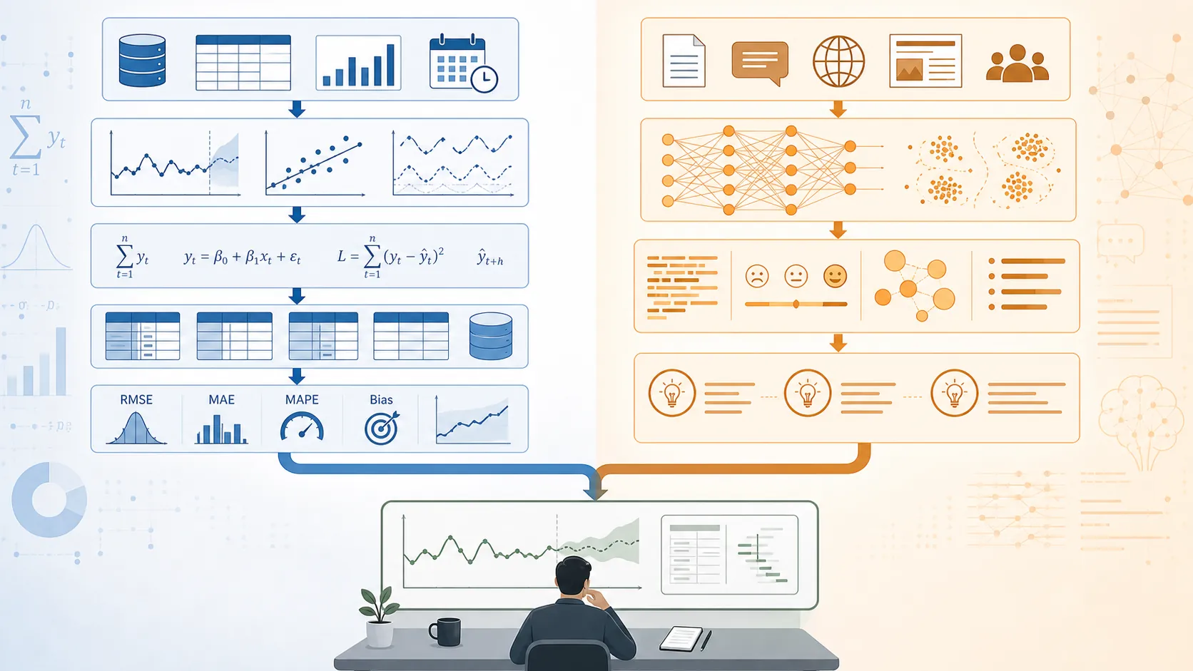 Supply chain forecasting workflow split between deterministic computation, LLM interpretation, and human planner review