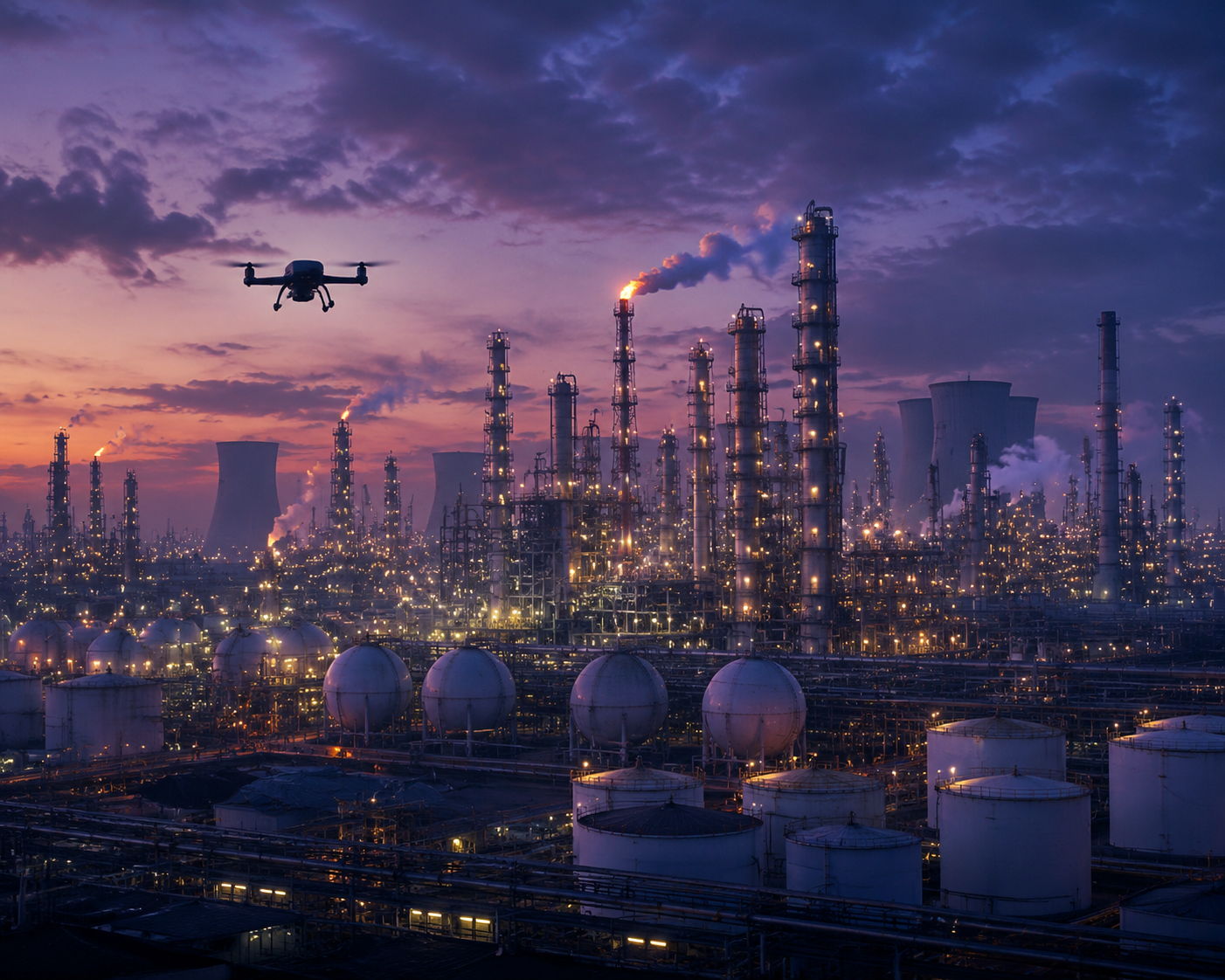 Small drone silhouette facing a large oil refinery complex at twilight