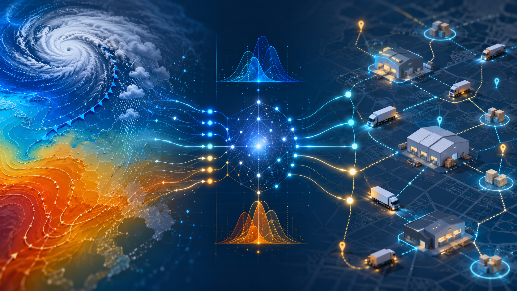 Weather systems, AI probability nodes, and supply chain logistics network connected in one workflow