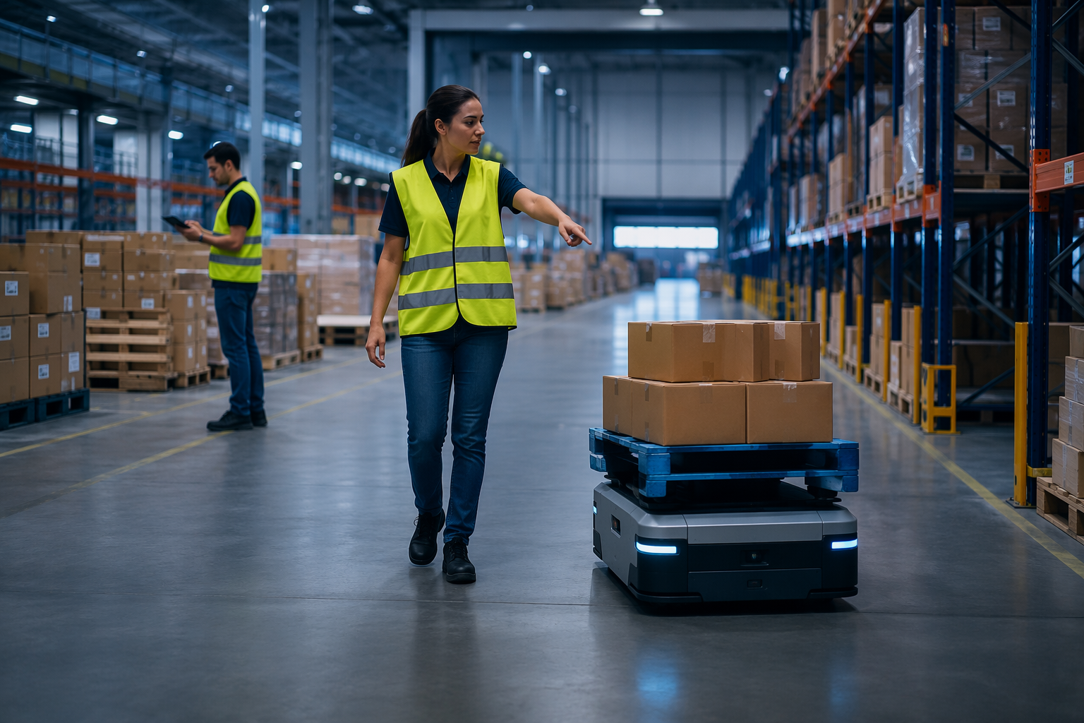 Warehouse worker directing an autonomous mobile robot carrying boxes in a modern distribution center