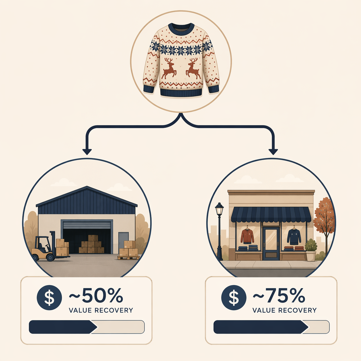 Sweater return decision tree comparing central warehouse and store recovery paths