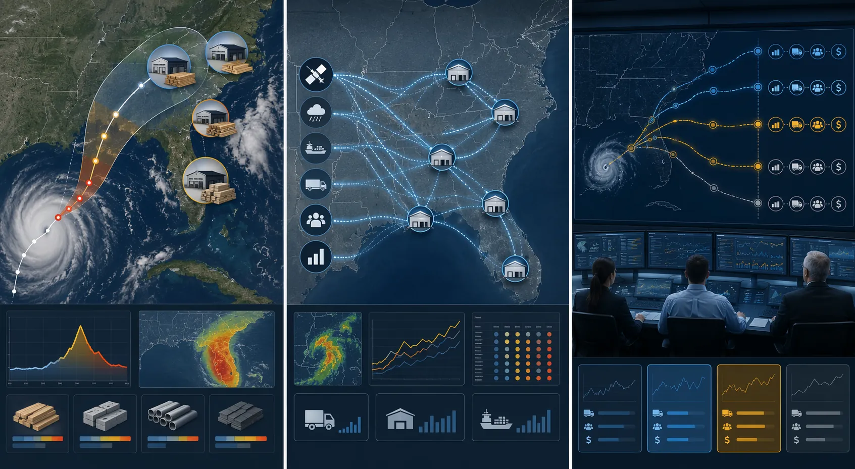 Three-panel comparison of hurricane AI deployment approaches for demand forecasting, Southeast distribution center data feeds, and scenario planning