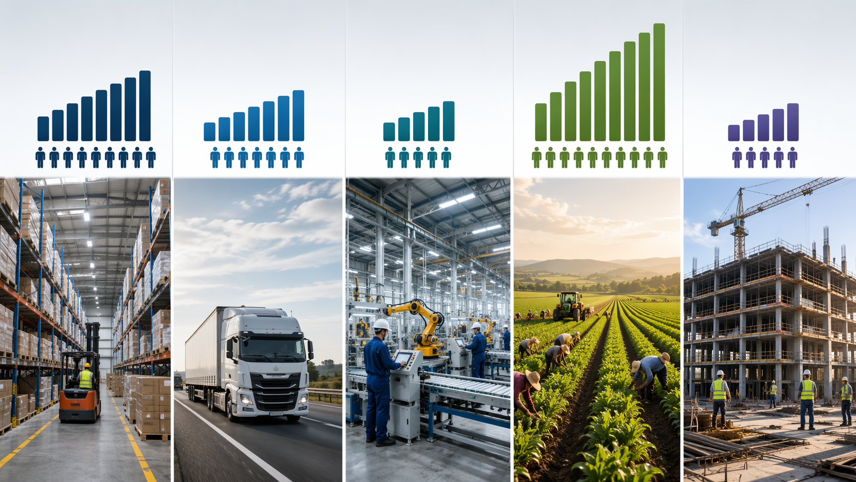 Five supply chain sectors with indicator bars showing different levels of labor exposure across warehouse, trucking, factory, agriculture, and construction operations