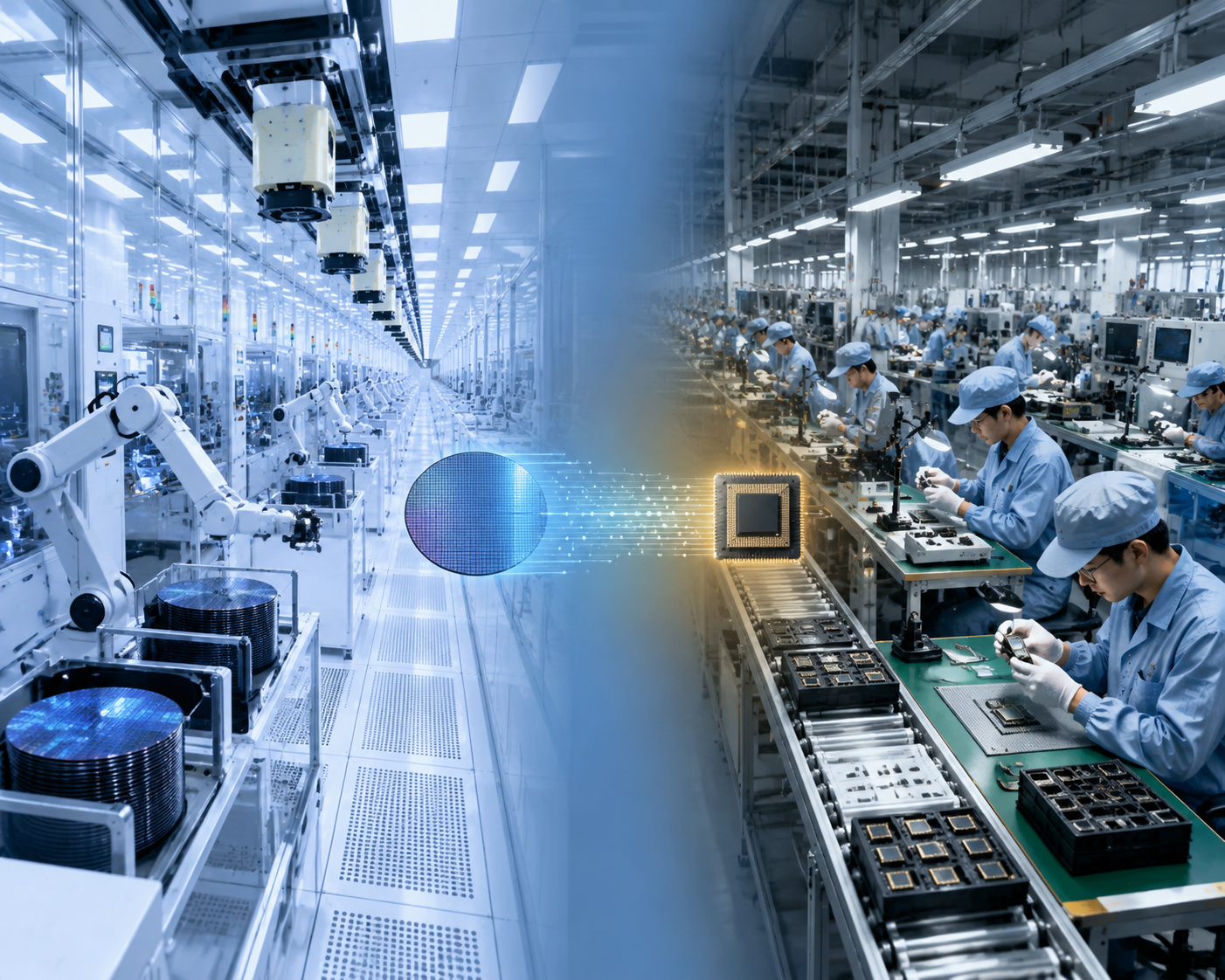 Split illustration contrasting automated frontend wafer fabrication with worker-intensive backend assembly operations