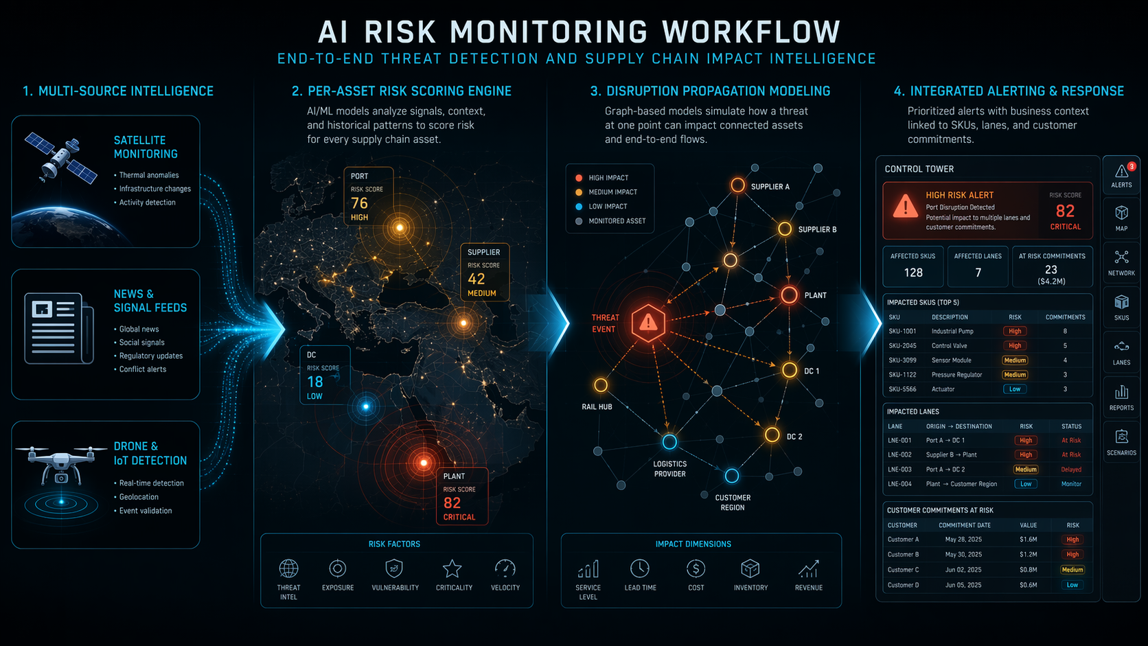 Workflow diagram showing threat intelligence flowing into per-asset risk scoring, disruption propagation modeling, and control tower alerting