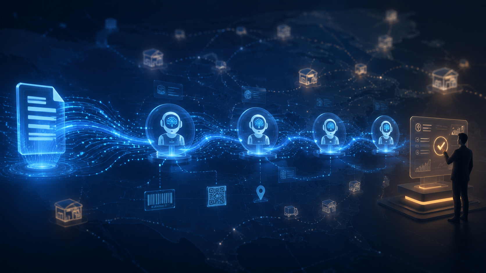 A recall document moving through AI agent nodes toward a human approval checkpoint