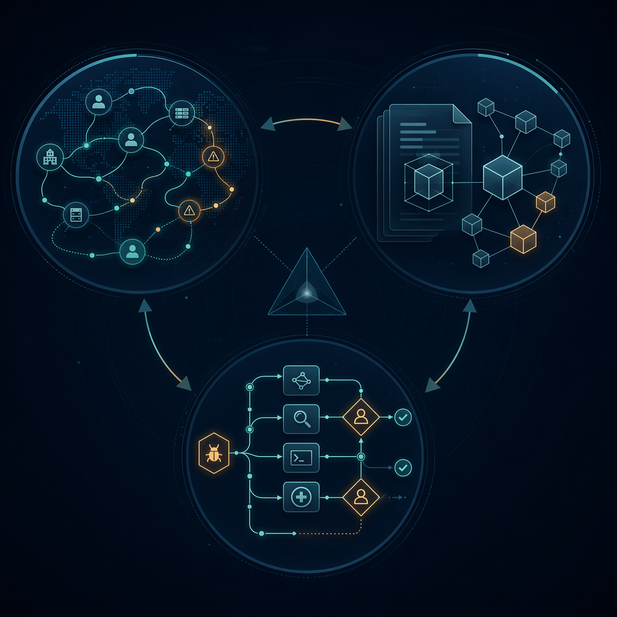 Three connected capability areas showing behavioral monitoring, dependency scanning, and agentic incident response workflows with human checkpoints