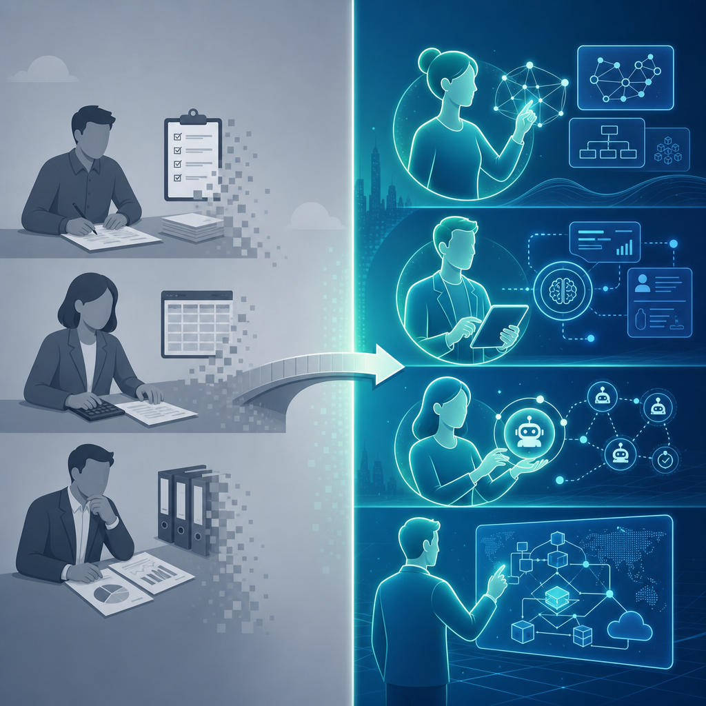 A split-illustration comparing procurement role transformation: left half in muted gray-blue shows fading abstract figures with paperwork icons representing shrinking roles, right half in bright teal shows glowing figures with neural network icons representing emerging roles, connected by a transition arrow across the center.